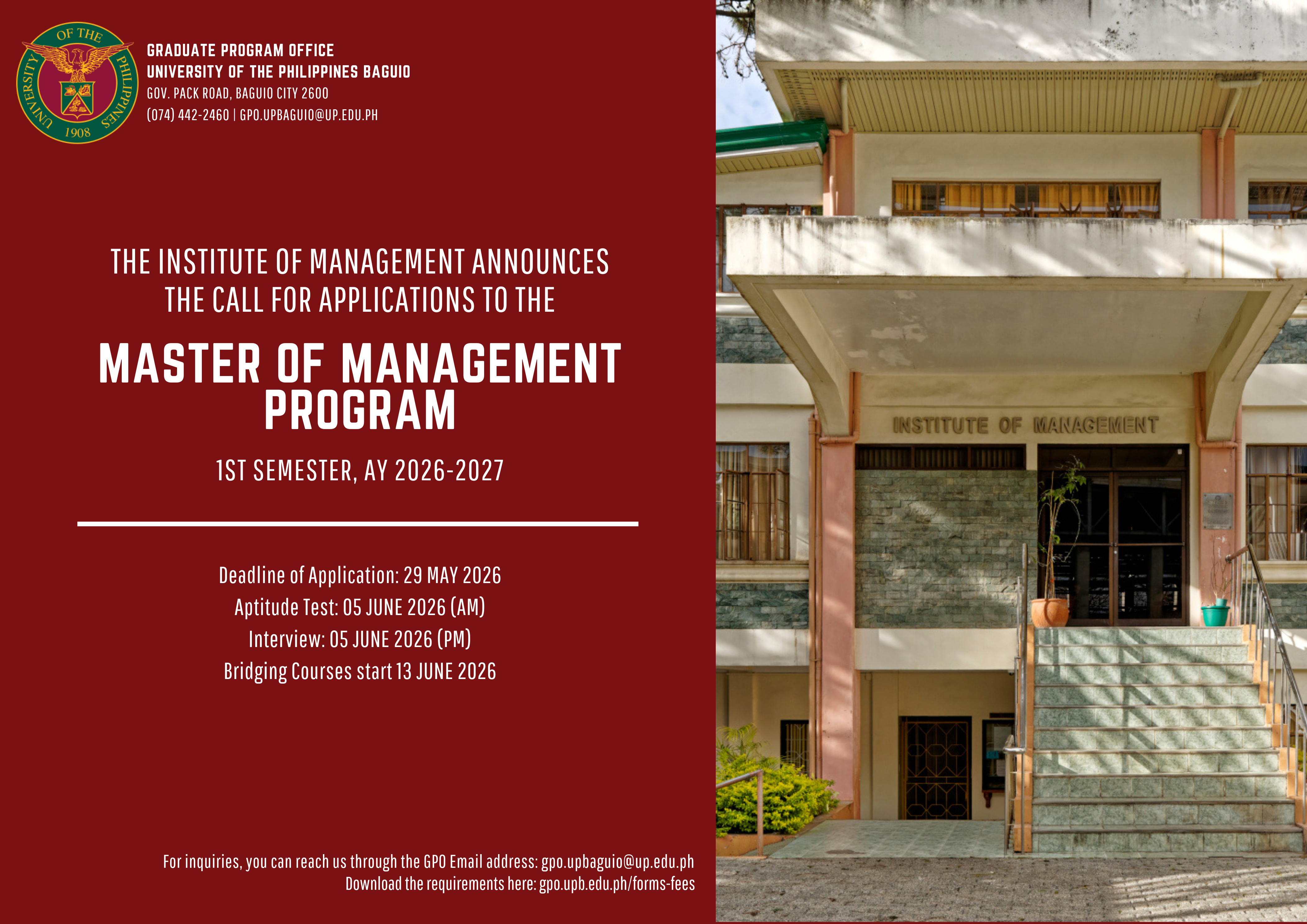 Call for Applications - Master of Management Program (1st Semester, AY 2026-2027)