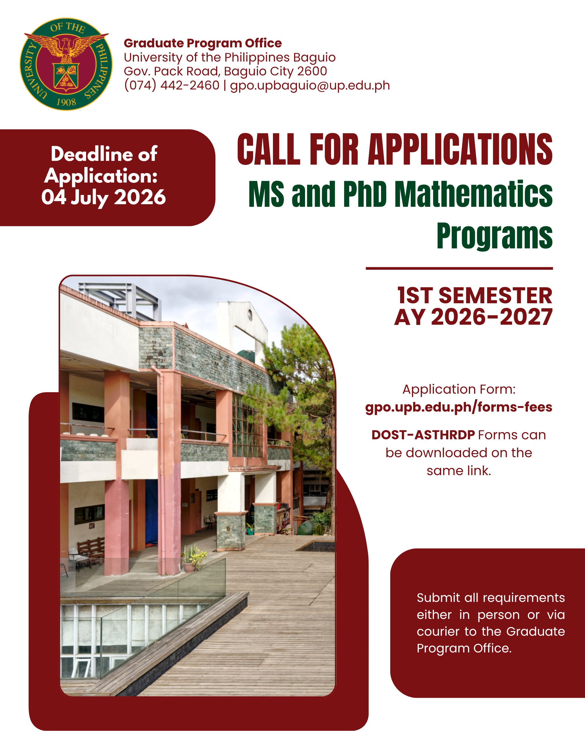 Call for Applications - MS and PhD Mathematics Programs (1st Semester, AY 2026-2027)