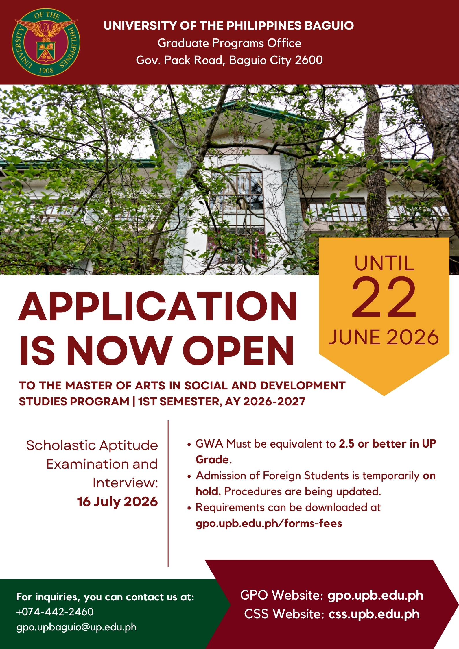 Call for Applications - MA Social and Development Studies Program (1st Semester, AY 2026-2027)