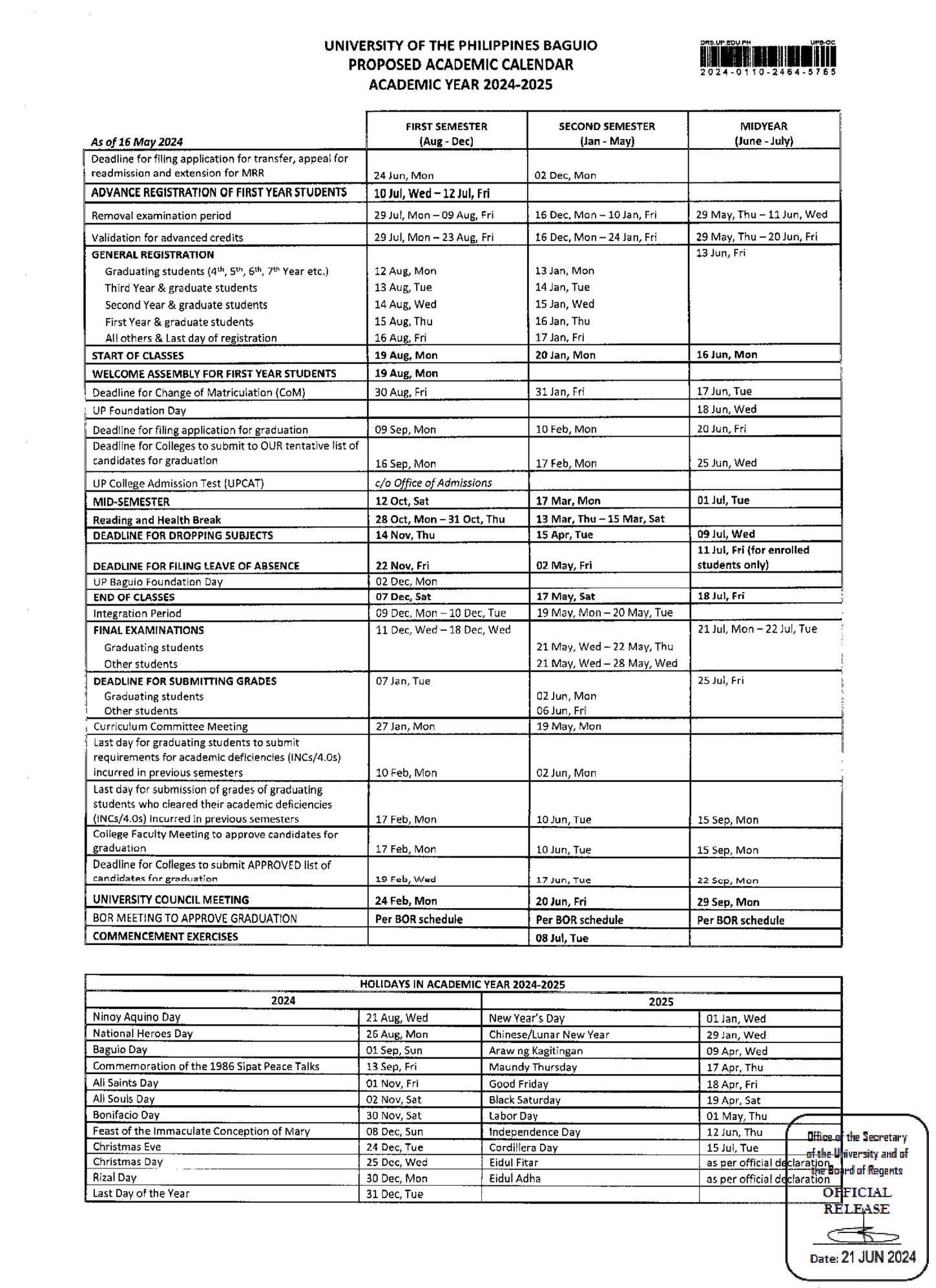 UP Baguio Academic Calendar A.Y. 2024-2025