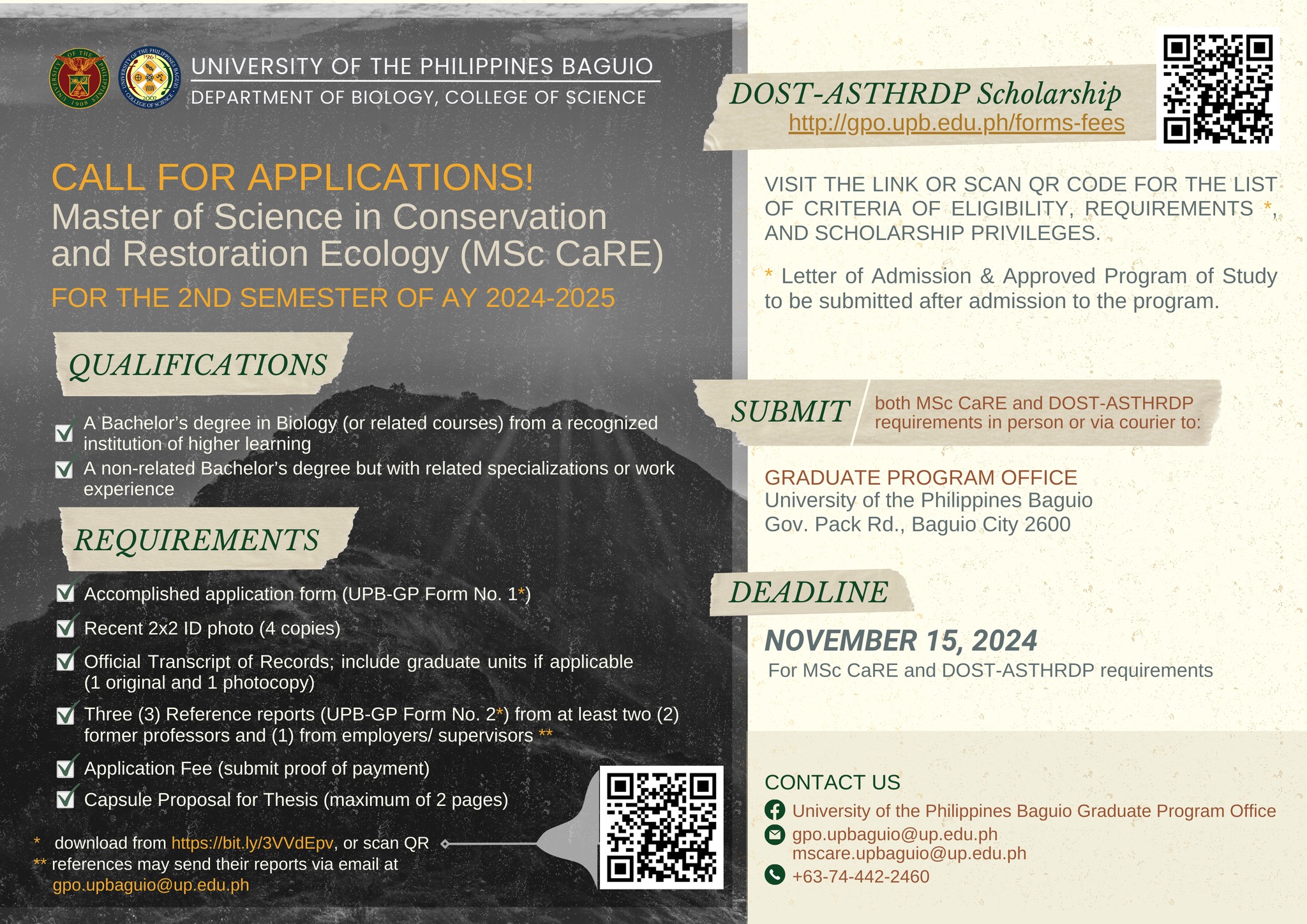 Call for Applications - M.S. Conservation and Restoration Ecology Program, 2nd Semester A.Y. 2024-2025